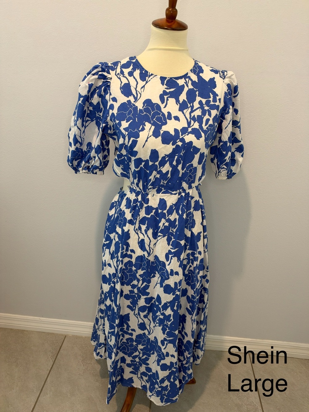 SHEIN Blue & White Floral Puff-Sleeve Midi Dress